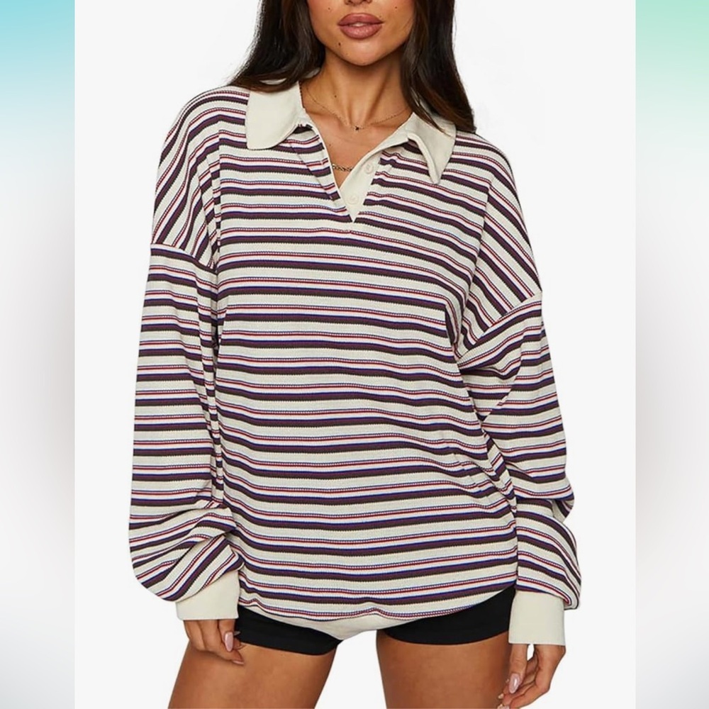 ReoRia Cream Rugby Pullover w/Brown, Red & Blue Stripes